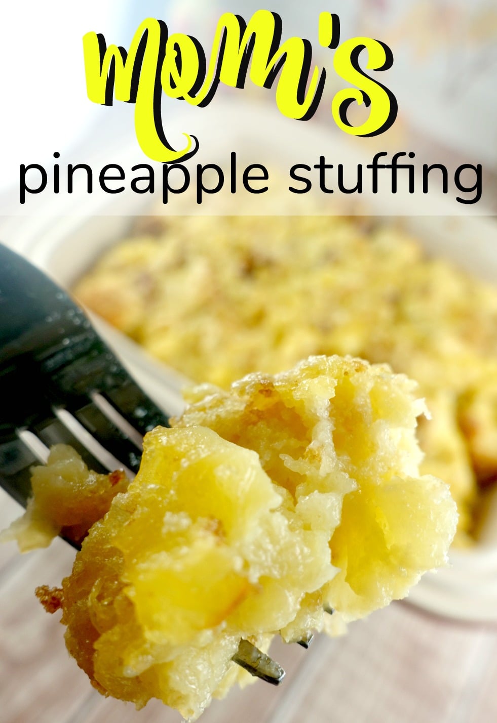 My Mom's Pineapple Stuffing is one of the tastiest dishes you'll have this holiday season! It's sweet and savory with thick, soft bread, pineapple, eggs and butter. It's almost like a bread pudding - but yet - also like a stuffing! Great with ham or turkey and a must-have for your holiday menu! via @foodhussy