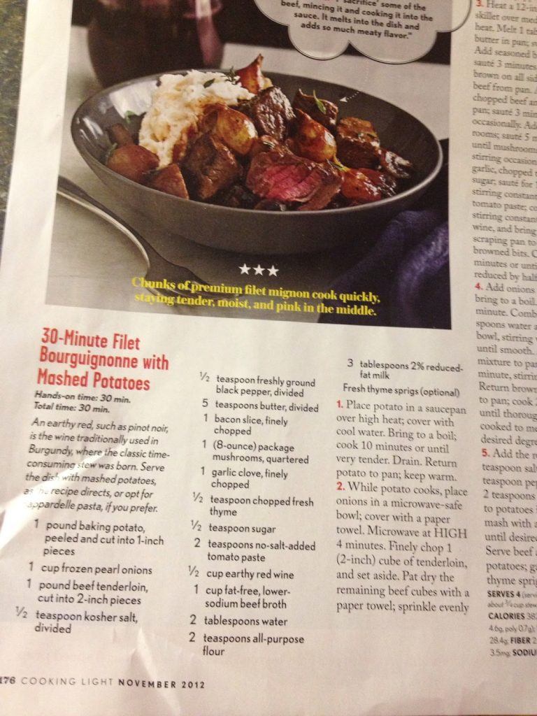 Cooking Light Recipe: 30 Minute Filet Bourguignonne with Mashed Potatoes