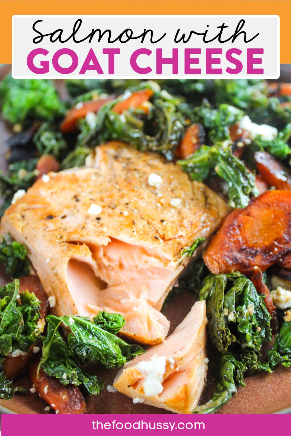 Salmon with Goat Cheese is one of my favorite dinners! Adding veggies like carrots and kale round out the dish so you're getting nutrition and tons of flavor! These "burnt" carrots are caramelized and so tasty! Plus - it's ready in 15 minutes! via @foodhussy