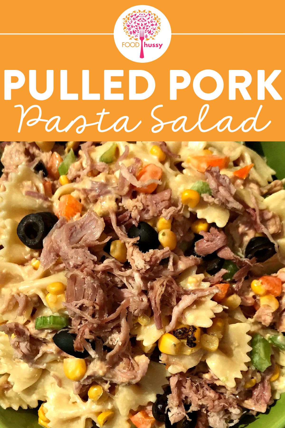 Pulled Pork Pasta Salad is a perfect summer salad for potlucks or any weeknight dinner. I'm using pre-cooked pulled pork and BBQ sauce instead of mayo - so it's creamy and hearty!  via @foodhussy