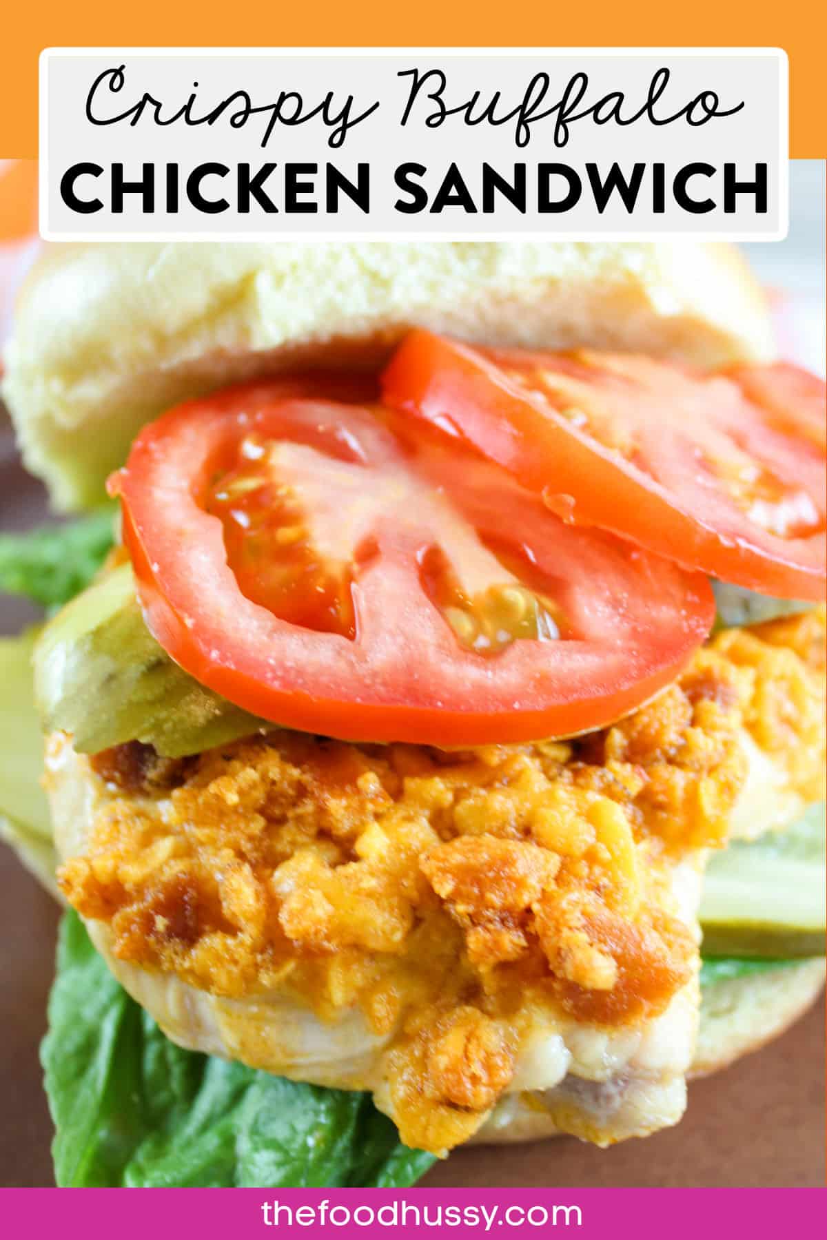 This Crispy Buffalo Chicken Sandwich will be your new favorite! Juicy chicken breast topped with a crunchy mixture of hot pretzels, cheddar cheese and melted butter. It's a super simple recipe, crunchier than ever and there's no frying!  via @foodhussy