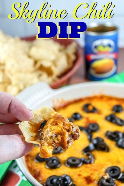 Looking for a quick dip recipe? This easy cheesy chili dip is great with crunchy tortilla chips! We start with Skyline Chili - it's pretty much liquid gold in Cincinnati. This Skyline Chili Cheese Dip is an easy appetizer for every game day and family gathering. via @foodhussy