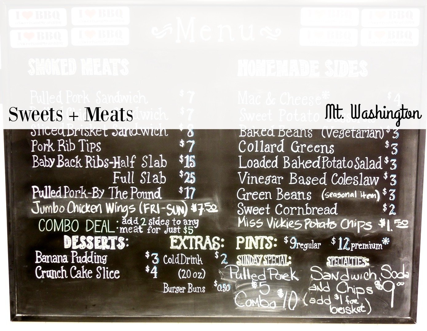 Sweets & Meats is a locally owned barbecue restaurant in Mt Washington with the best pulled chicken and sweet potato casserole I've ever tasted!!