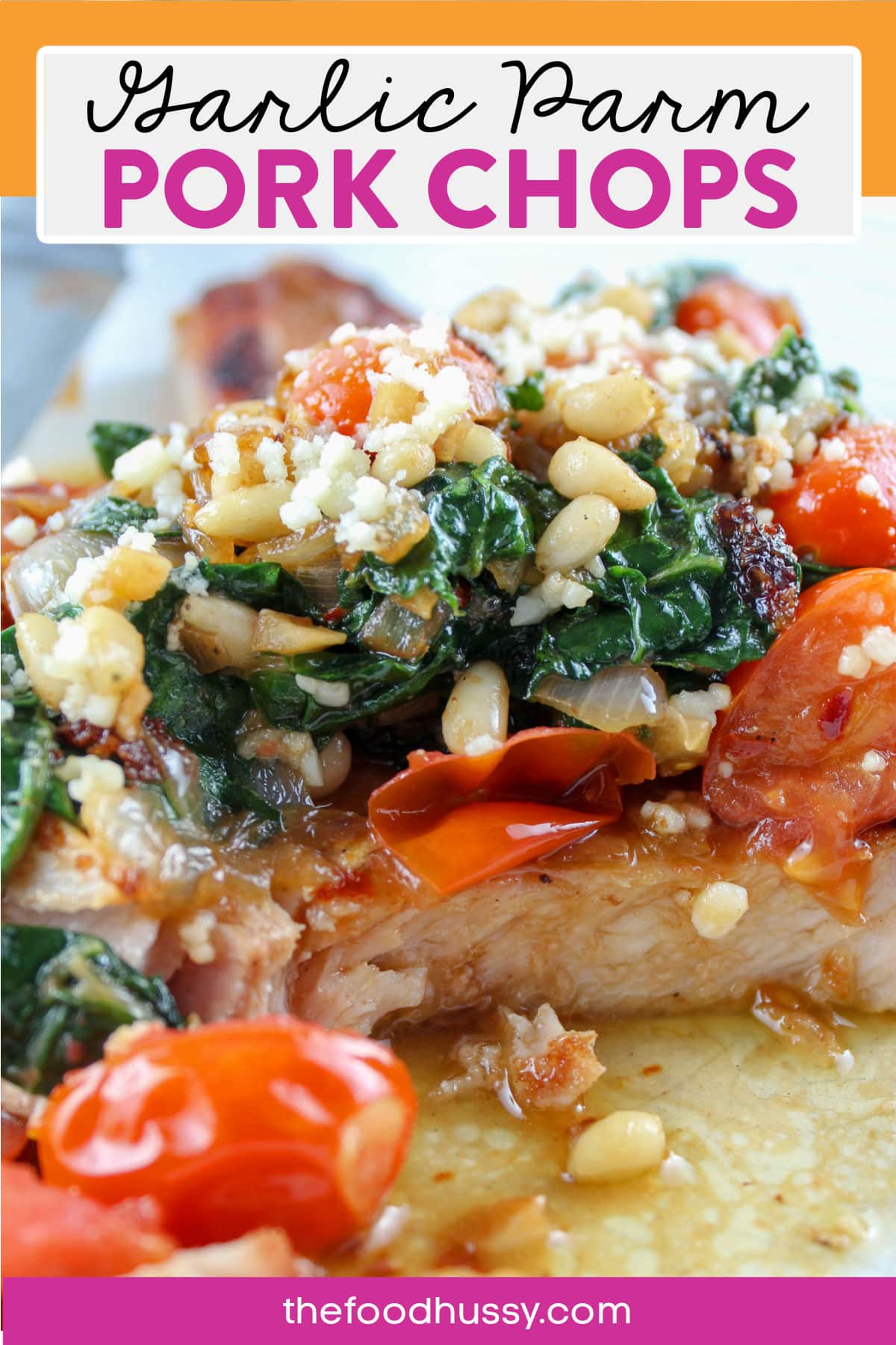 These Garlic Parmesan Pork Chops pack in a ton of flavor and are a 15 minute one-pan meal! Sautéed in garlic butter and topped with tomatoes, Swiss Chard and a touch of Parmesan cheese. You will love every bite! via @foodhussy