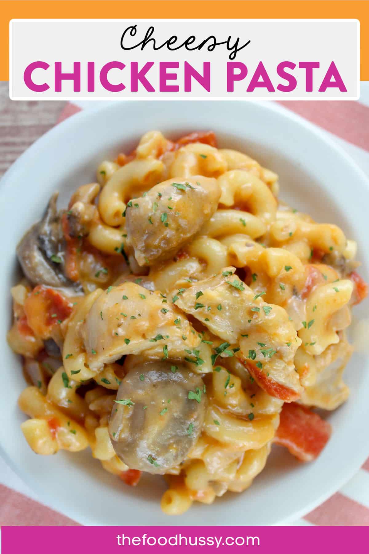 This One Pot Cheesy Chicken Pasta is comfort food at its best!!! Better yet - this meal is ready in less than 25 minutes - from fridge to table! This dish is filled with macaroni, chicken, onions, mushrooms, tomatoes and cheese!!! via @foodhussy