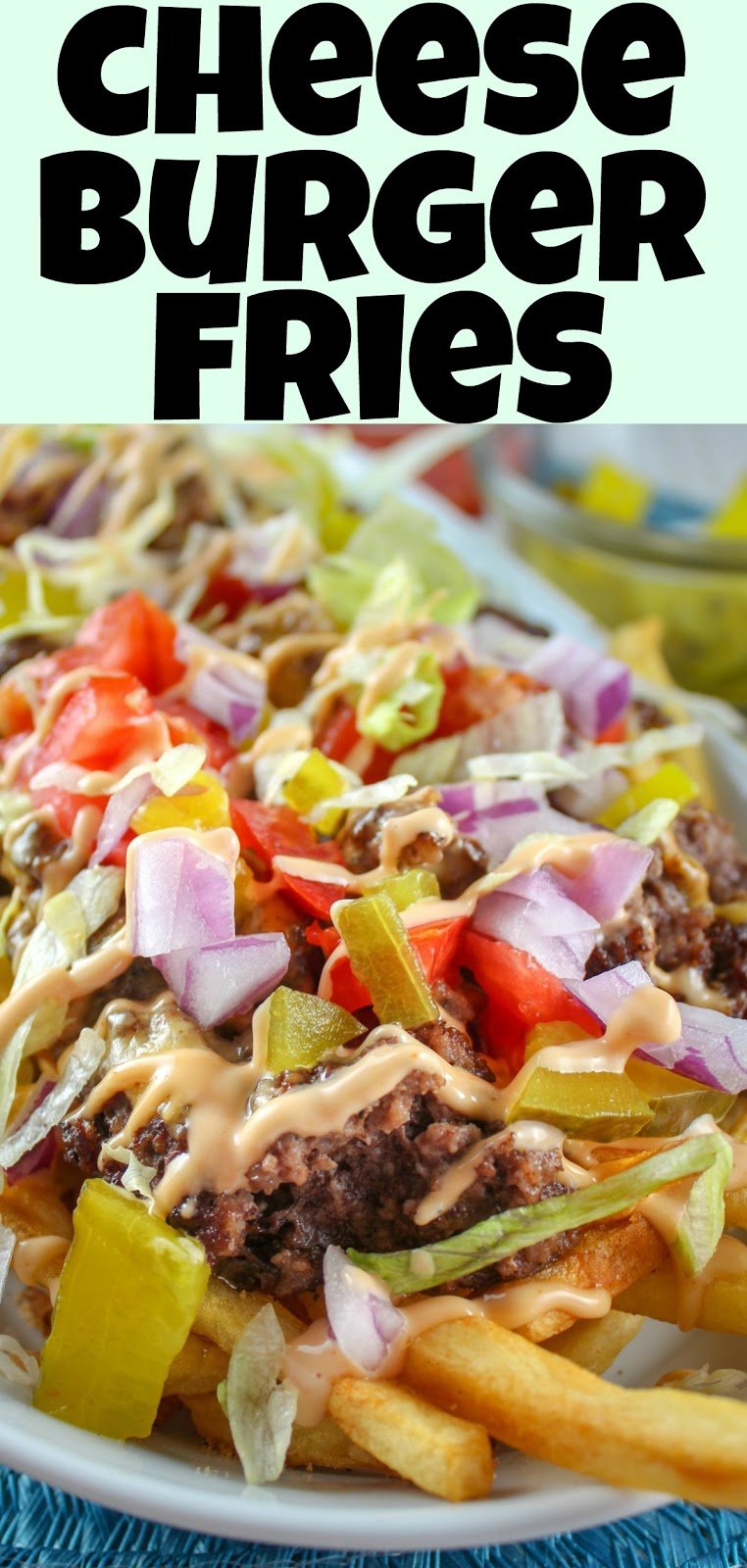 Cheeseburger Fries are like nachos BUT BETTER!!!! It’s like cheesy fries but then you top them with everything you love on a burger! Why did it take me so long to discover this?! It’s a great appetizer or movie night food – really it’s good any night – and it’s fun! The whole family will love them! via @foodhussy