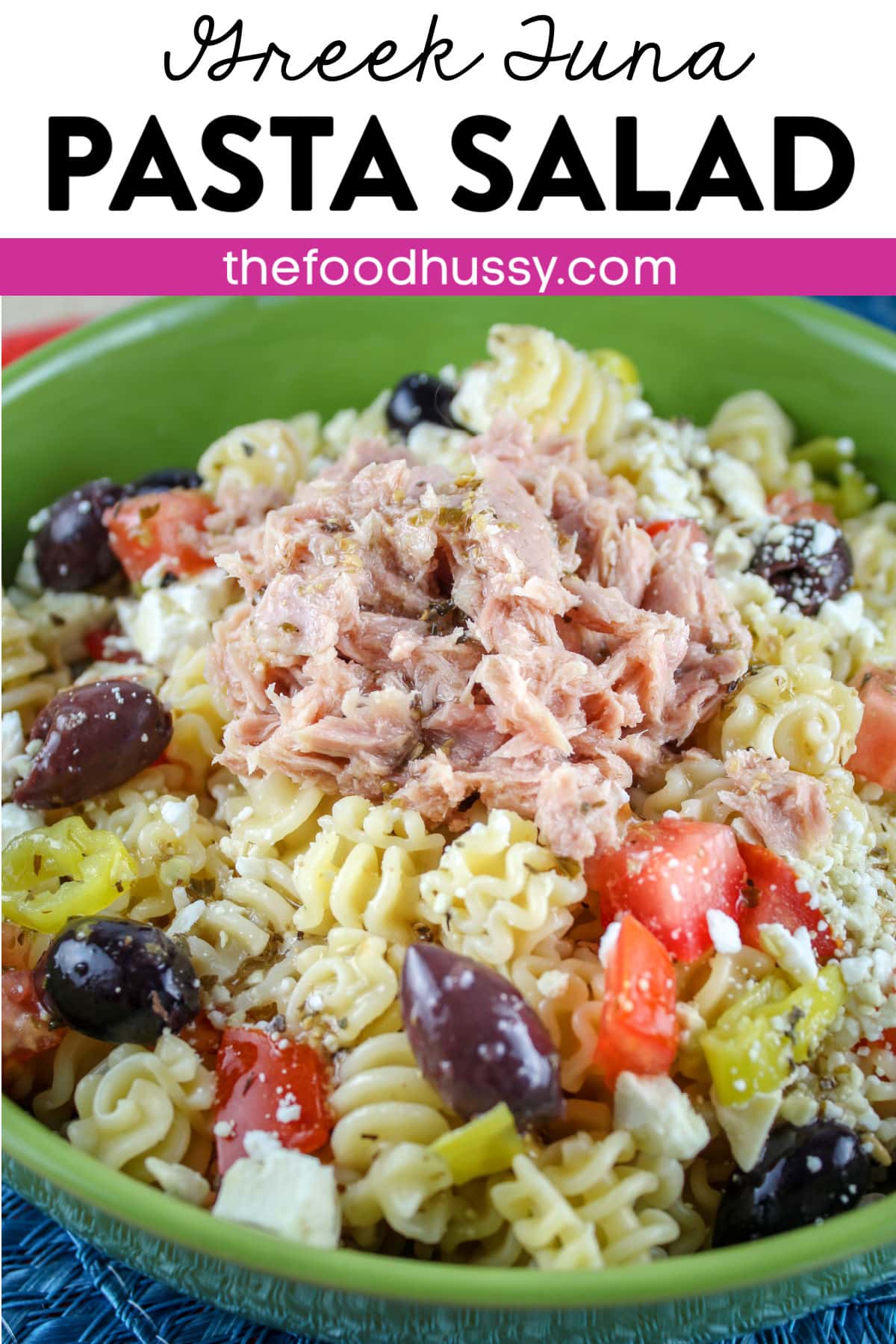 This Greek Tuna Pasta Salad without mayo is a favorite in my house! Loaded with Mediterranean ingredients like kalamata olives and feta then topped with flavorful flaky tuna - it's healthy and delicious!  via @foodhussy