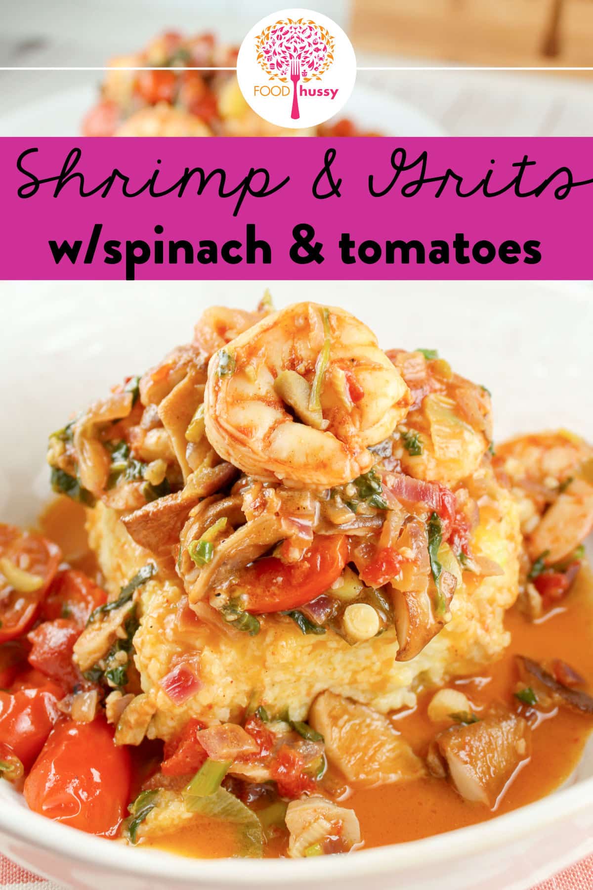 This Shrimp and Grits with Spinach & Tomatoes is a dish that will impress your friends and family! It is as delicious as it is beautiful! These cheesy grit cakes are smothered with jumbo shrimp, sauteed mushrooms, tomatoes and spinach.  via @foodhussy