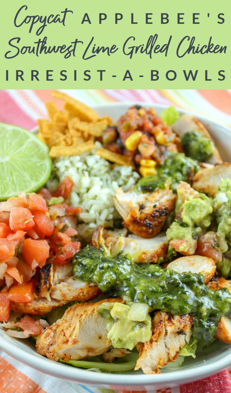 Grilled chipotle lime chicken on mixed greens and cilantro rice with house-made pico de gallo, black bean corn salsa and guacamole. Topped with chimichurri, tortilla strips and a fresh lime wedge.
 via @foodhussy