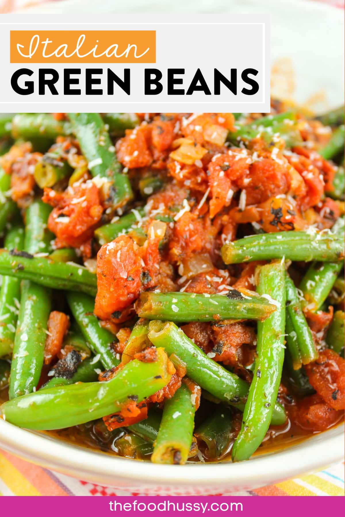 Italian Green Beans are a way to take normal green beans and add a whole new taste to them! You're adding tomatoes, garlic, Italian herbs and a little sprinkle of Parmesan cheese! These green beans are a perfect side dish for any meal and they're really easy to make! via @foodhussy