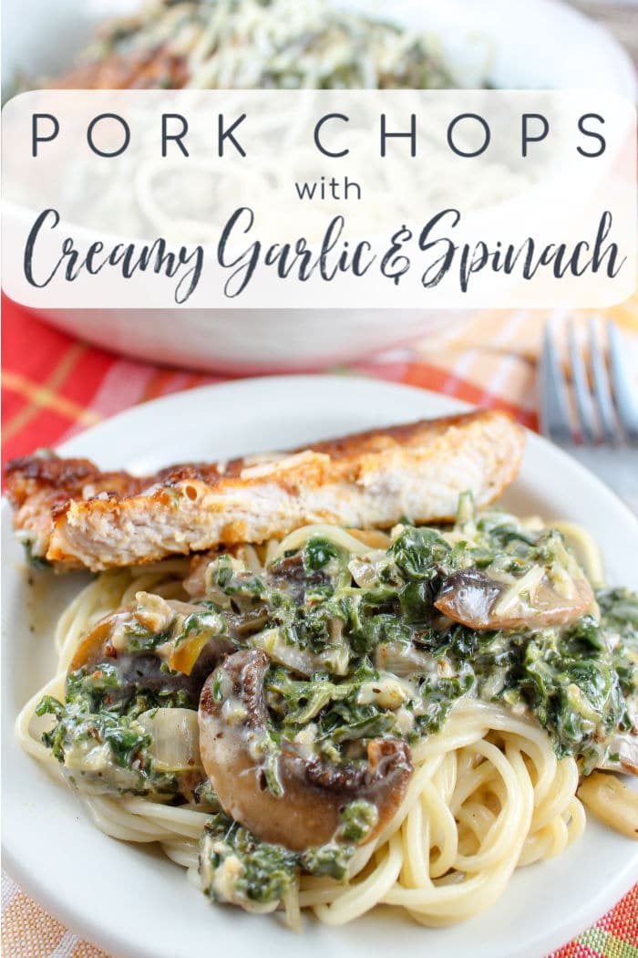 Creamy Garlic Spinach Pork Chops are delicious! These tender pork chops with this creamy garlic spinach sauce are all made in one skillet and ready in less than 30 minutes. via @foodhussy