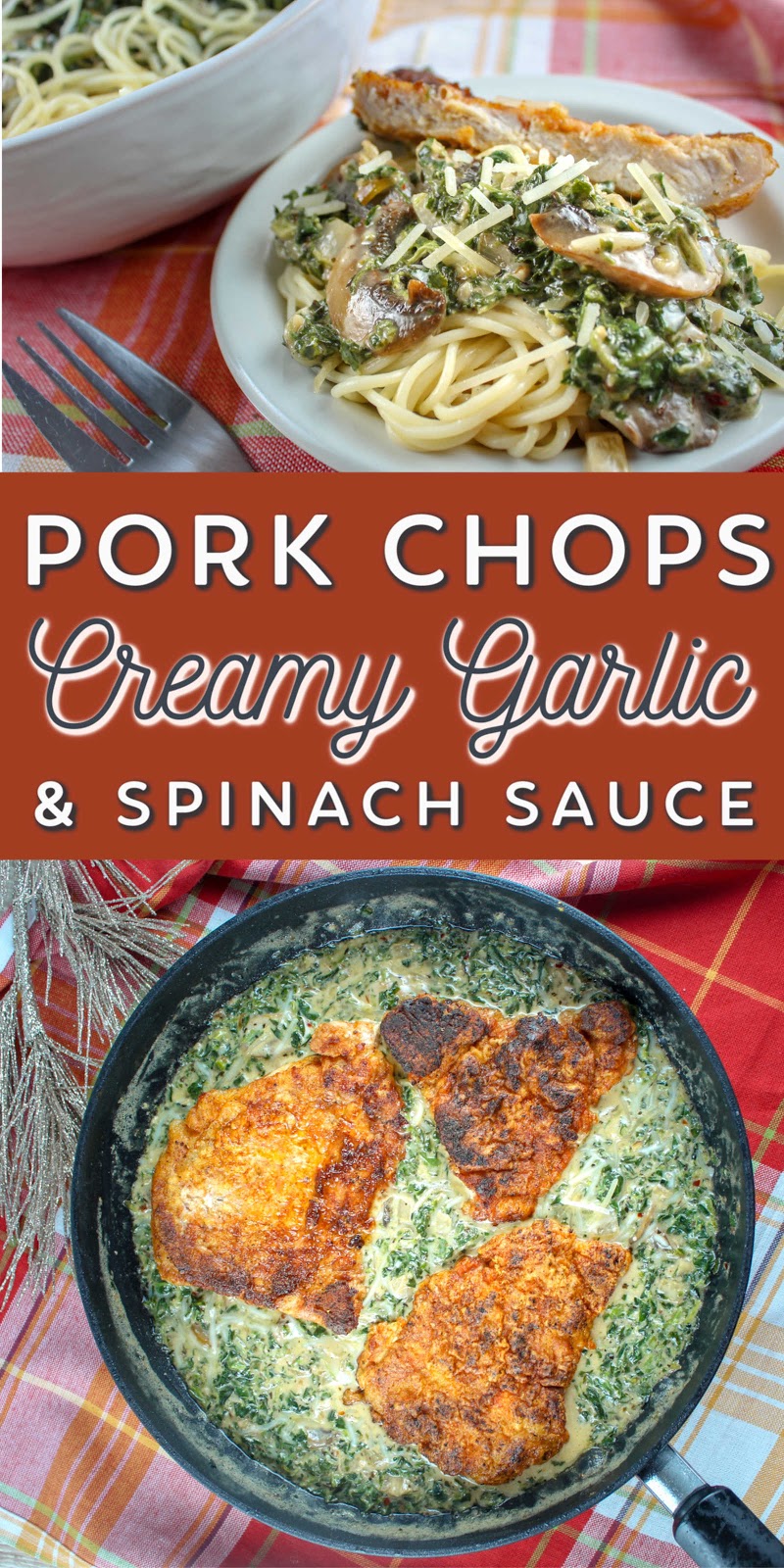 Creamy Garlic Spinach Pork Chops are delicious! These tender pork chops with this creamy garlic spinach sauce are all made in one skillet and ready in less than 30 minutes. via @foodhussy