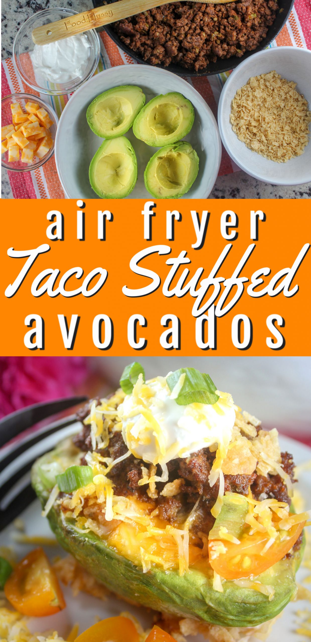 Taco Stuffed Avocados are a great dinner idea that the whole family will love and it's ready in less than 30 minutes! Creamy avocado filled with your favorite taco filling and dipped in crunchy tortilla chips! Yum!  via @foodhussy