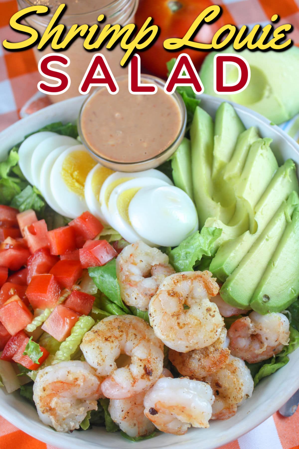 Shrimp Louie is a salad you'll often find in California made with shrimp, lettuce, egg, avocado and tomato. The simple dressing is similar to Thousand Island dressing and super tasty! via @foodhussy