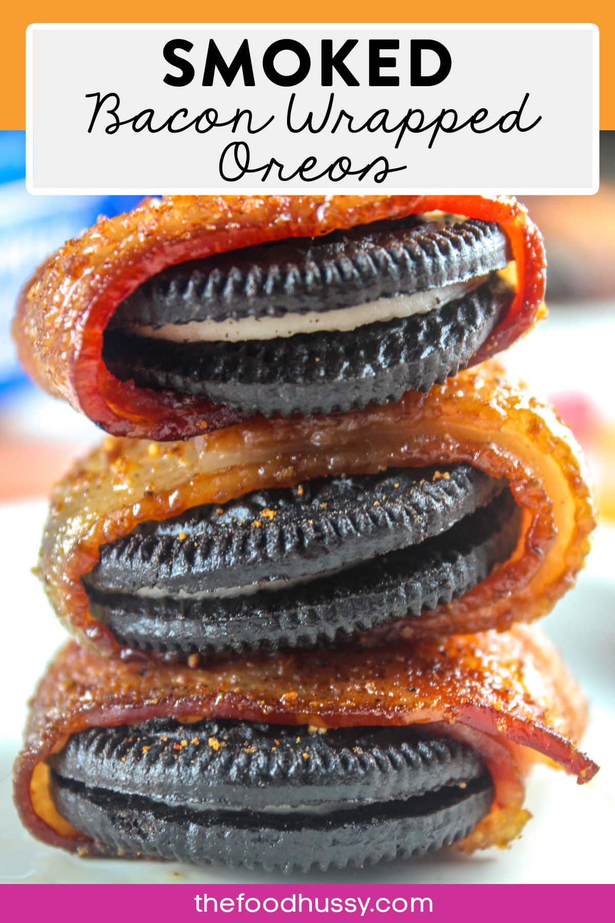 These Smoked Bacon Wrapped Oreos will satisfy any and all cravings! Sweet? Check! Savory? Check! Chocolatey Oreos, delicious cream filling wrapped up in smoky bacon and sprinkled with BBQ seasoning! via @foodhussy