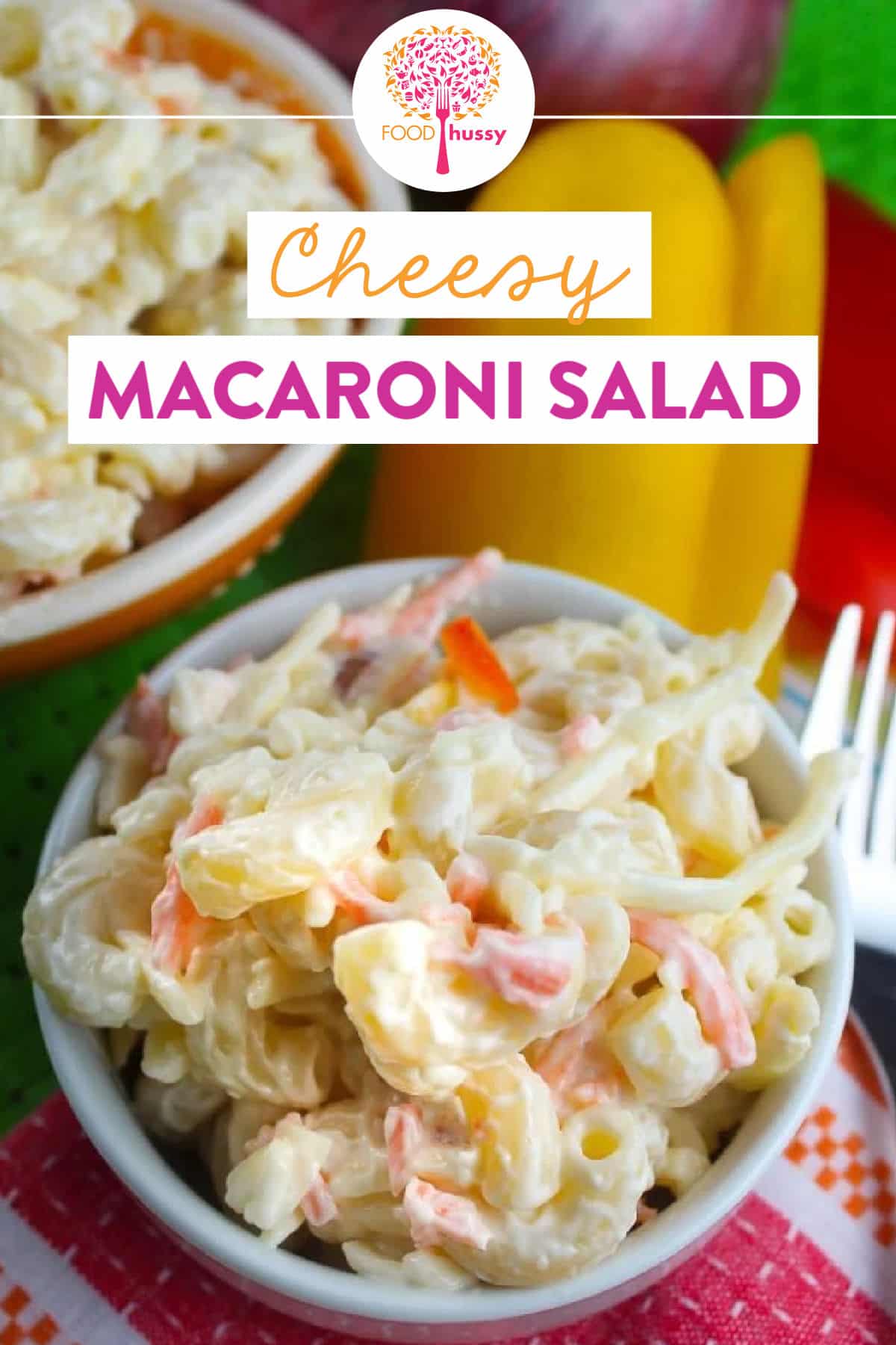 This Cheesy Macaroni Salad is going to be a sure fire hit at your dinner table or the next potluck! No matter what time of year - quick and easy side dishes are always needed! via @foodhussy
