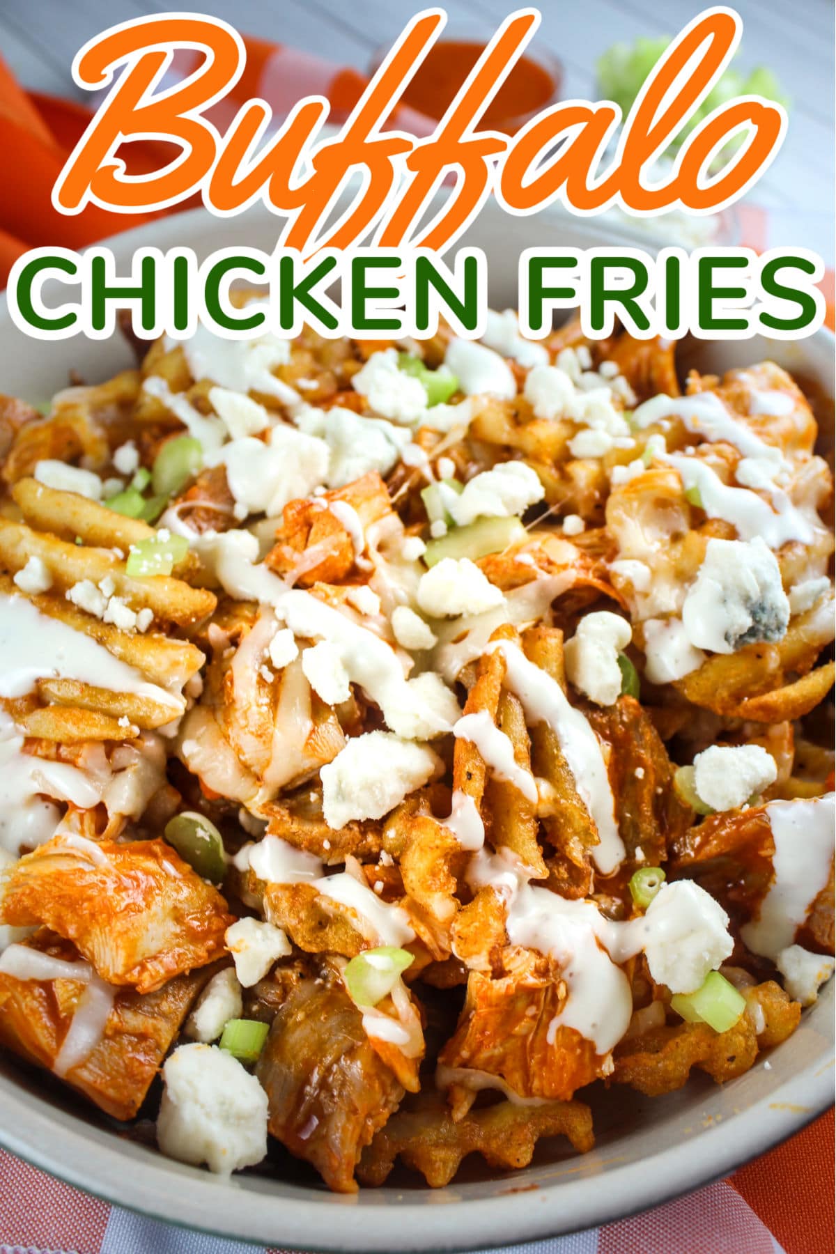 Loaded fries like these Buffalo Chicken Fries are always a favorite when you go OUT so why not have them at home???? They're easy to make and you can load up on the toppings even more! via @foodhussy