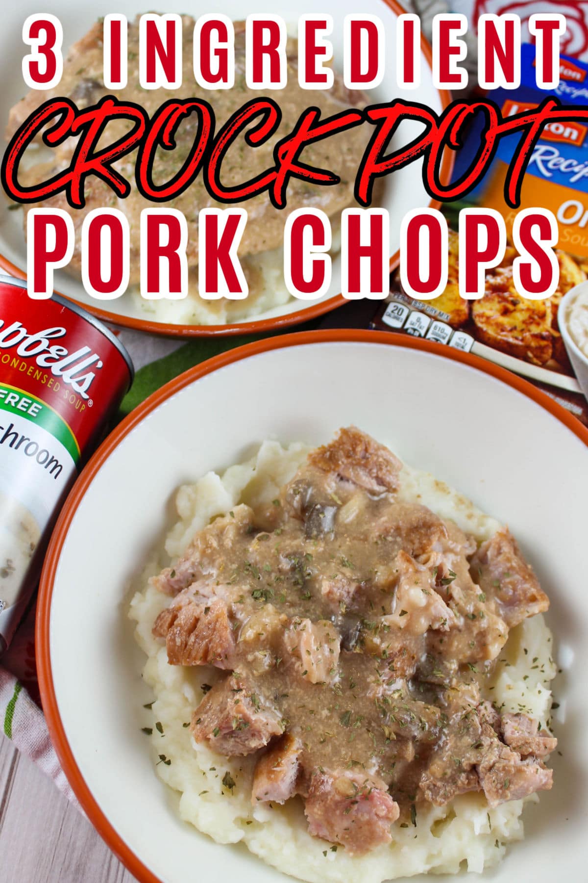 These 3 Ingredient Crock Pot Pork Chops will be a weekly meal in your house once you try them! First of all they're SO EASY!!! Second - they're delicious! Third - there's only THREE INGREDIENTS!!! It took longer to get the crock pot out of the cupboard then it did to make them! via @foodhussy