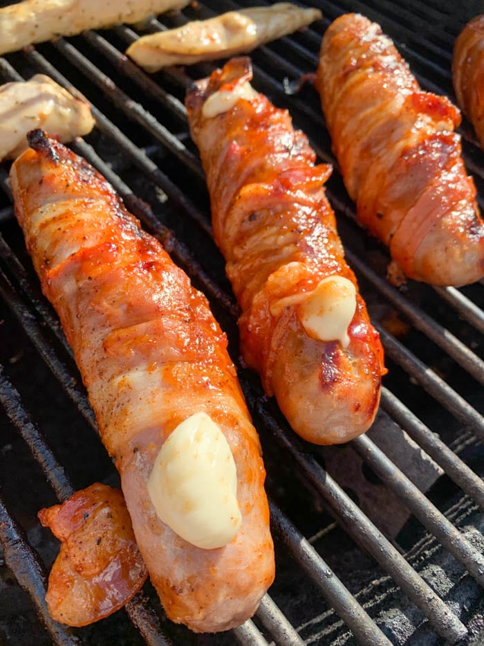 Cheese stuffed bacon wrapped bratwurst