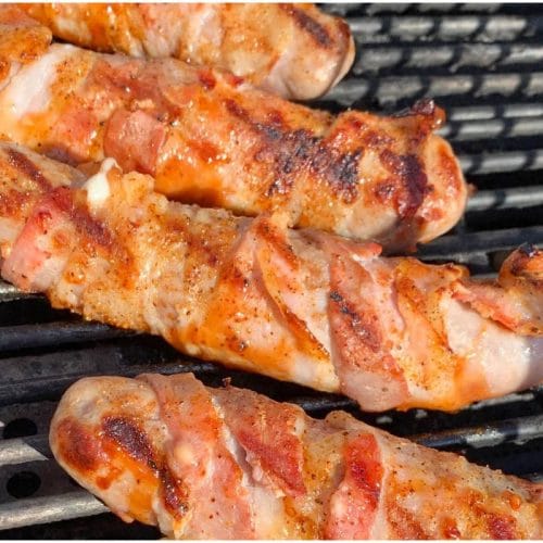 Cheese stuffed bacon wrapped bratwurst