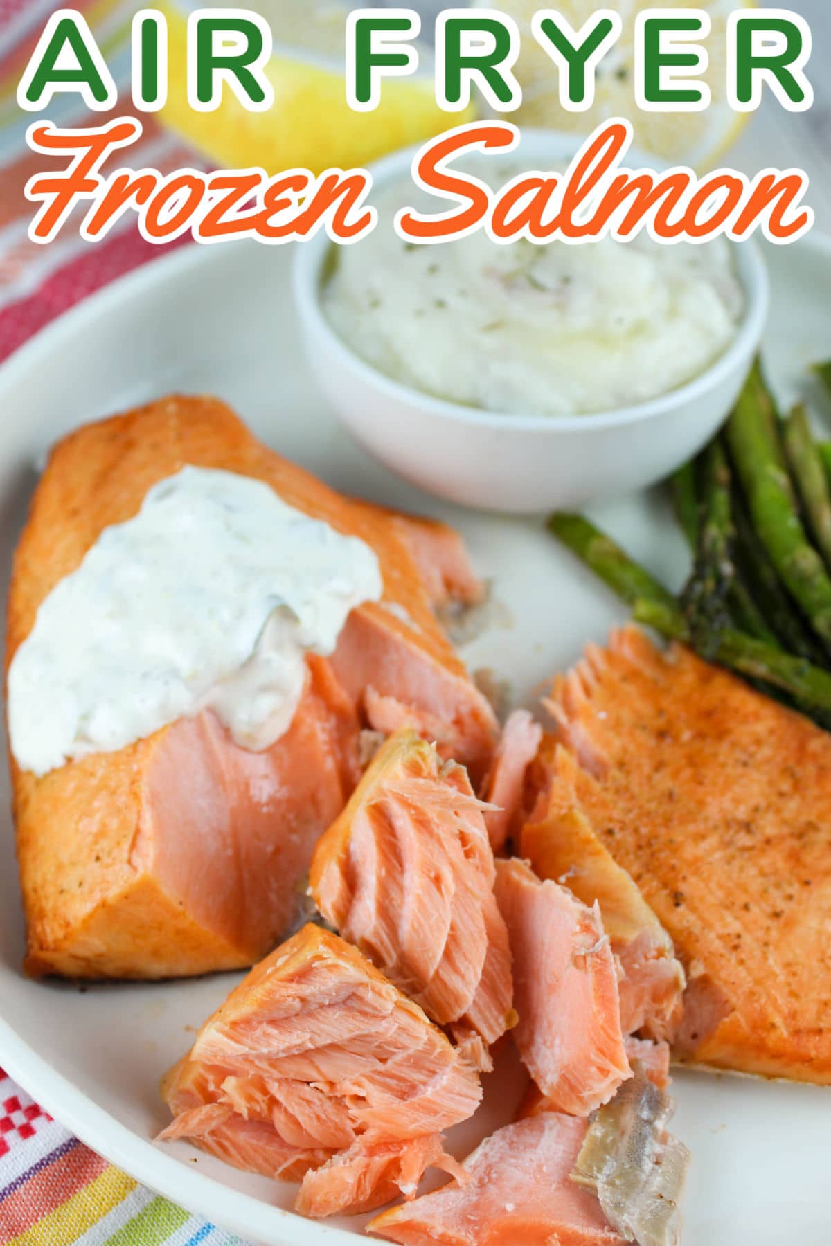 Frozen salmon in the air fryer is a great QUICK dinner when haven't done any planning! It's on the table in 15 minutes and you can even add veggies while the salmon is cooking. via @foodhussy