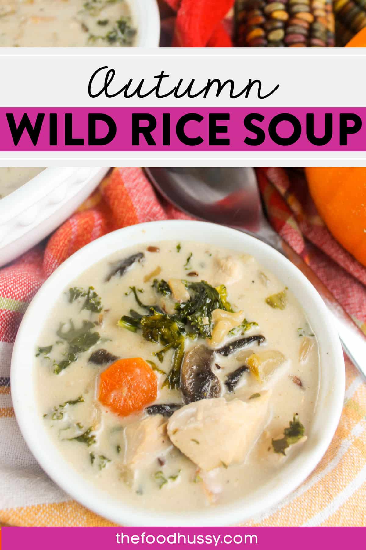 This Creamy Autumn Wild Rice Soup is absolutely the perfect step into fall we all need! It starts with tender chicken, LOTS of veggies, including sweet potato, kale and mushrooms, and finishes with chicken broth and cream - for a perfectly balanced comforting bowl of yum!  via @foodhussy
