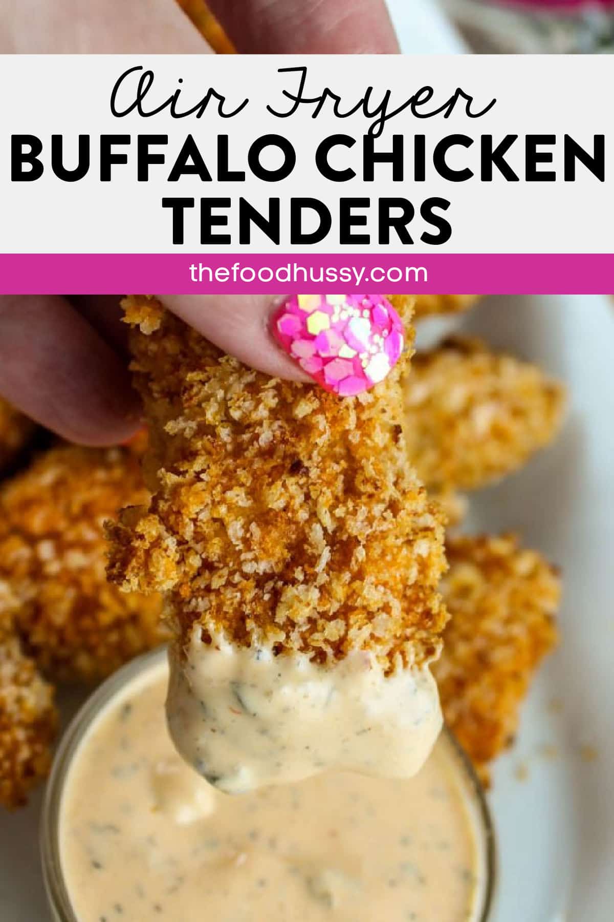 These Air Fryer Buffalo Chicken Tenders are spicy, crunchy and perfect for an appetizer or a main dish! You can make them as spicy or mild as you like - PLUS - I've got some secret tricks for extra spicy flavor! via @foodhussy