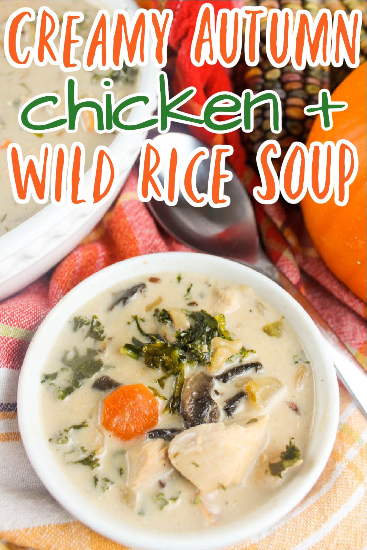 This Creamy Autumn Chicken & Wild Rice Soup is absolutely the perfect step into fall we all need! It starts with LOTS of veggies, including sweet potato, kale and mushrooms, and finishes with chicken broth and cream - for a perfectly balanced comforting bowl of yum!  via @foodhussy
