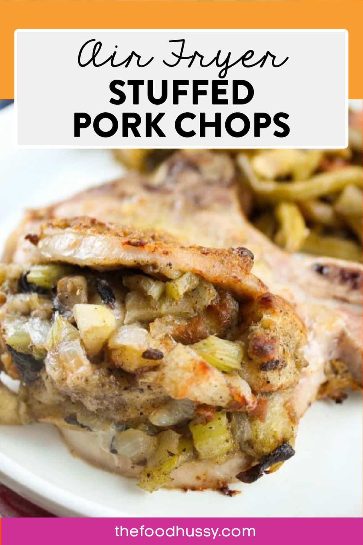 Air Fryer Stuffed Pork Chops are an amazingly quick and easy meal that everybody will love! Plus - the stuffing is a wonderful bite of fall with diced apple and all those wonderful Thanksgiving spices that come in stuffing! via @foodhussy