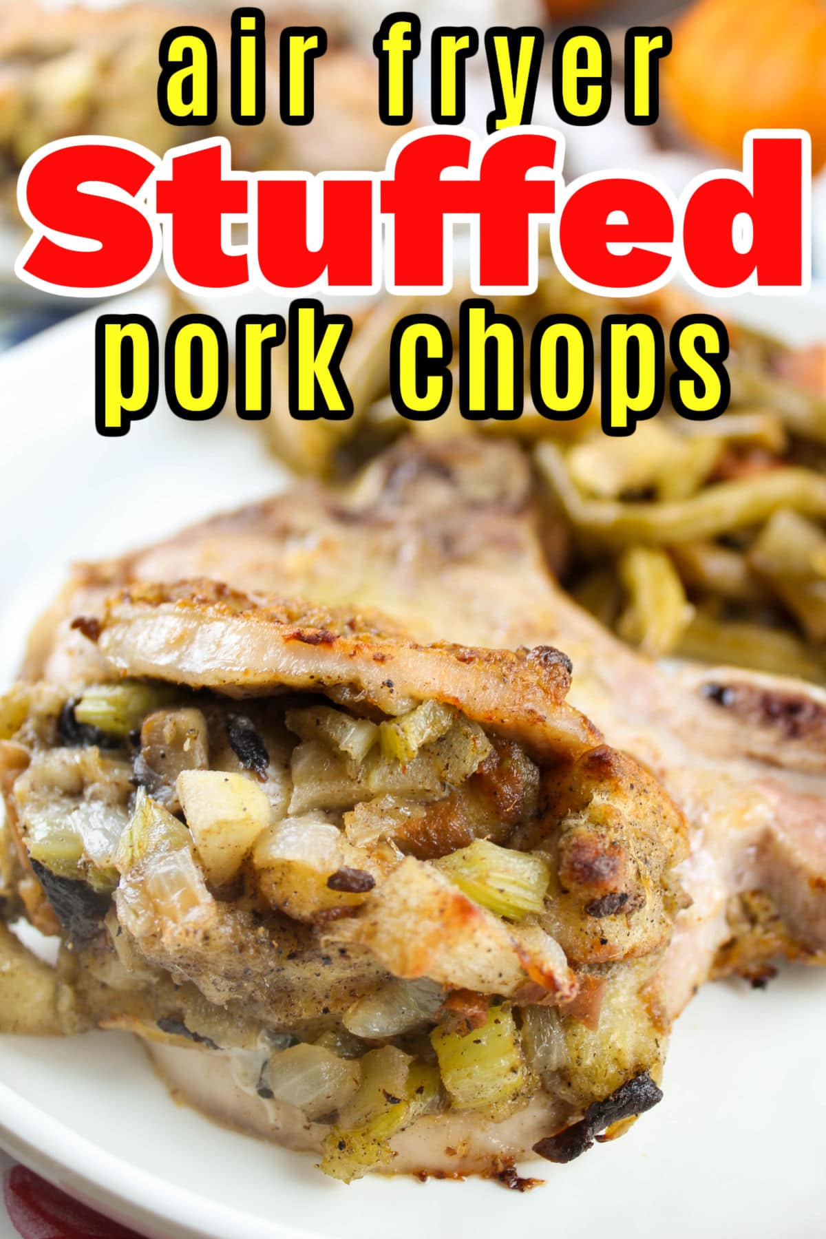 Air Fryer Stuffed Pork Chops are an amazingly quick and easy meal that everybody will love! Plus - the stuffing is a wonderful bite of fall with diced apple and all those wonderful Thanksgiving spices that come in stuffing!  via @foodhussy
