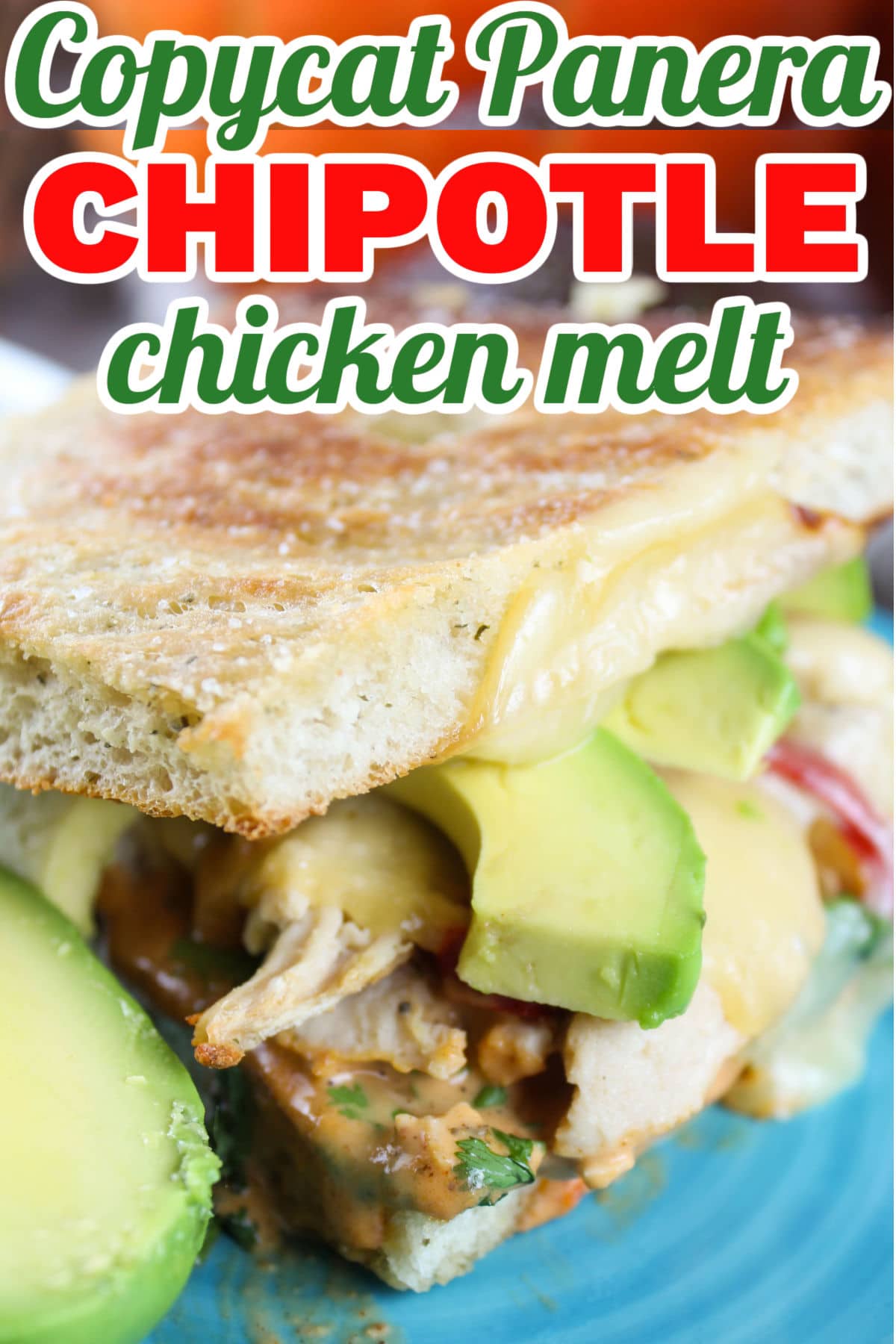 This Copycat Panera Chipotle Chicken Avocado Melt is one of my favorites from Panera! Pulled chicken, smoked Gouda, fresh avocado, cilantro, zesty sweet peppers and chipotle sauce on fresh baked focaccia. via @foodhussy