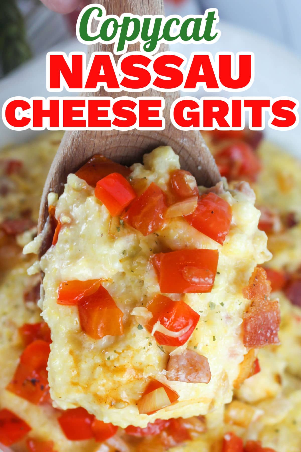 Nassau Cheese Grits will turn any grits-skeptic into a BELIEVER! This is an EASY breakfast dish filled with sauteed peppers, onions and ham and then finished off with bacon, tomatoes and gouda. You'll be shocked at how decadent this dish is with only a touch of butter & cheese!  via @foodhussy