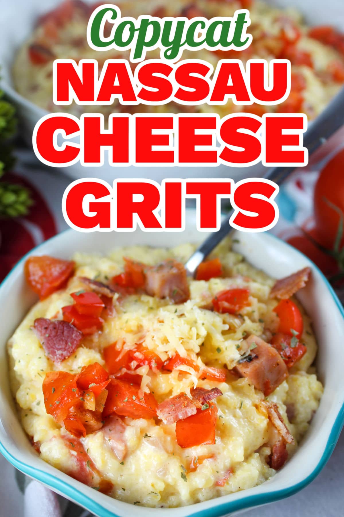 Nassau Cheese Grits will turn any grits-skeptic into a BELIEVER! This is an EASY breakfast dish filled with sauteed peppers, onions and ham and then finished off with bacon, tomatoes and gouda. You'll be shocked at how decadent this dish is with only a touch of butter & cheese!  via @foodhussy