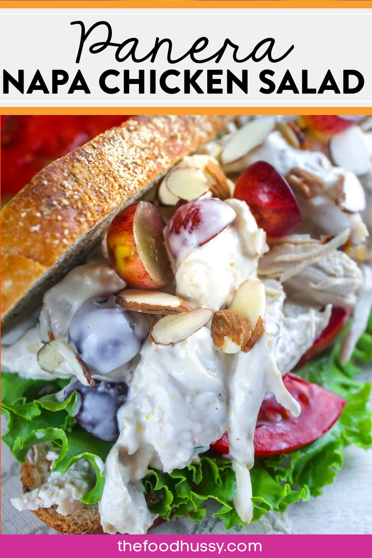 This Copycat Panera Napa Almond Chicken Salad is so light and refreshing! It's the perfect lunch! What makes this Chicken Salad different? First of all, there are grapes and almonds in it, plus the dressing is a little fancier than just mayo! I loved it! via @foodhussy