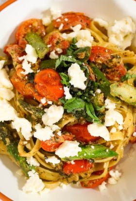 Pesto pasta with cherry tomatoes