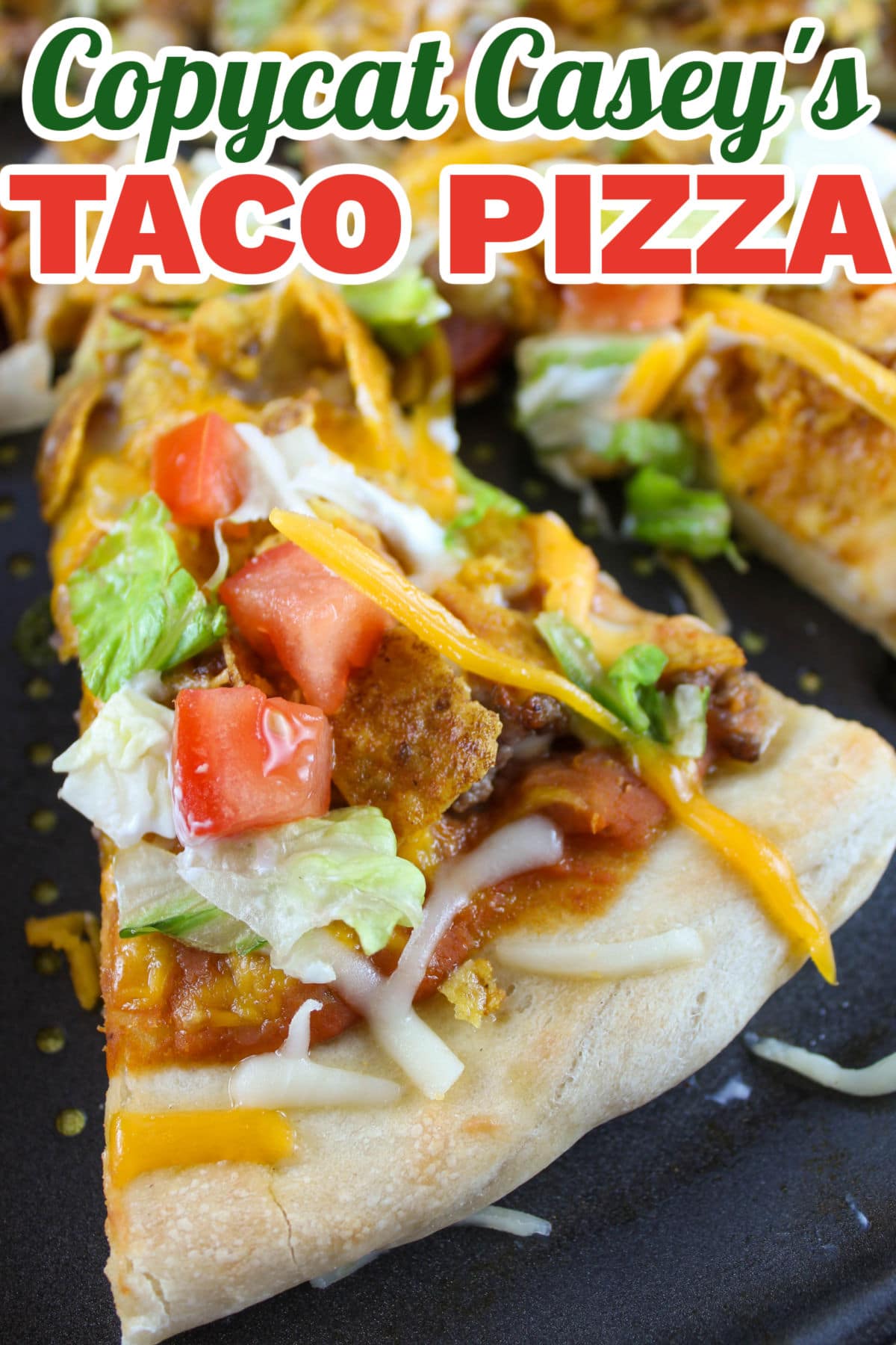 This Copycat Casey's Taco Pizza is the best you'll find! I've got the secret to the pizza "sauce" they use for this tasty treat! Mix up your Taco Tuesday by making the best darned taco pizza loaded with refried beans, salsa, ground beef, cheese, taco chips, lettuce, tomatoes and sour cream! via @foodhussy