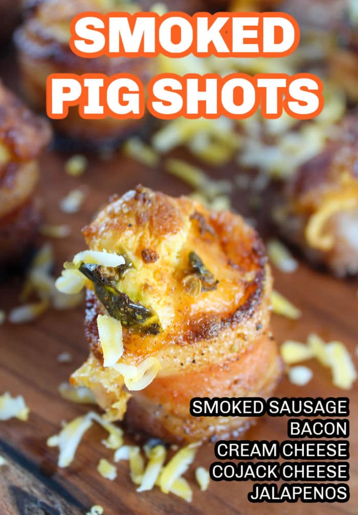 Smoked Pig Shots on the Traeger are the latest and greatest appetizer! Bacon "shot glasses" filled with smoked sausage, cream cheese and more! These are great for any summer barbecue, tailgating or holiday get-together.  via @foodhussy