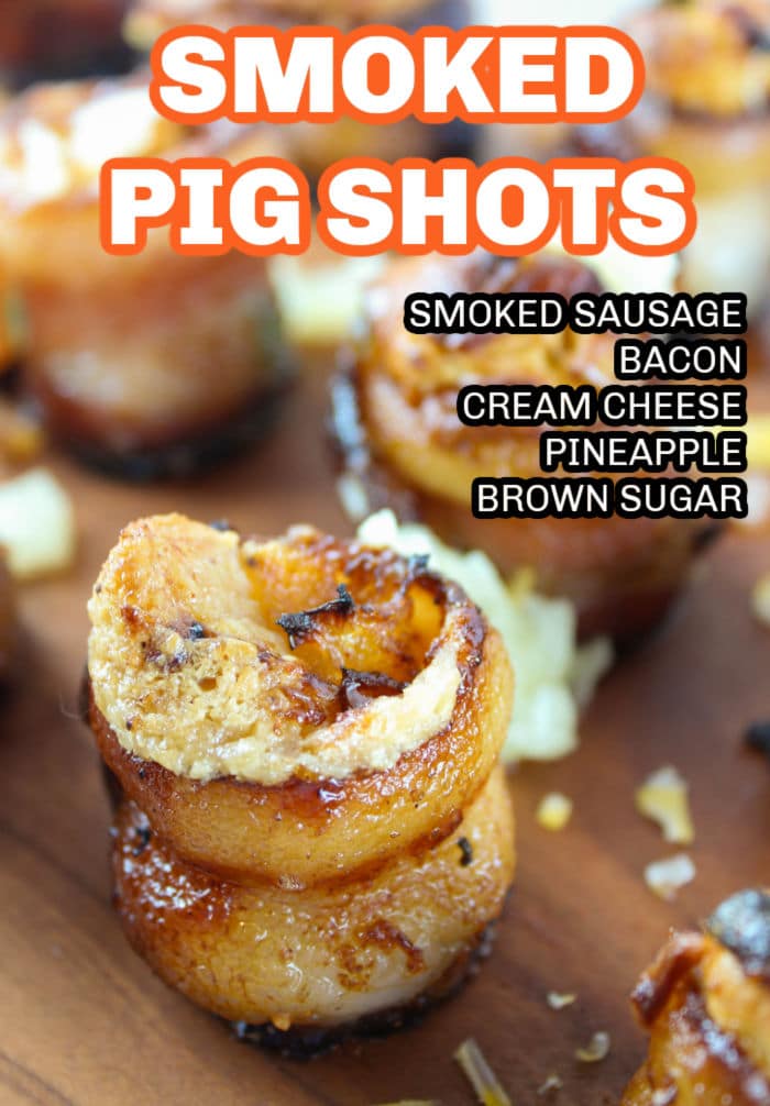 Smoked Pig Shots on the Traeger are the latest and greatest appetizer! Bacon "shot glasses" filled with smoked sausage, cream cheese and more! These are great for any summer barbecue, tailgating or holiday get-together.  via @foodhussy