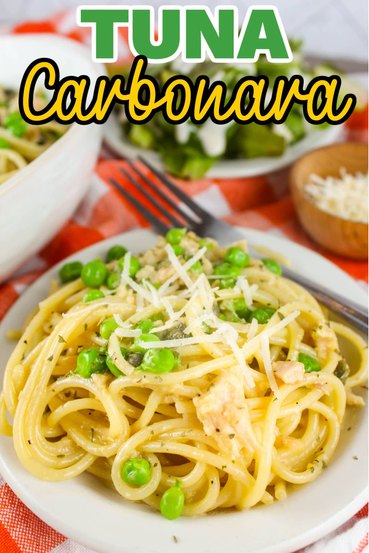 Tuna Carbonara is a quick and delicious, light Italian meal you can make with just a few pantry staples! Eggs, pasta, tuna, peas and capers are just about all you need and you'll be surprised there's no cream in this delightfully creamy dish! via @foodhussy