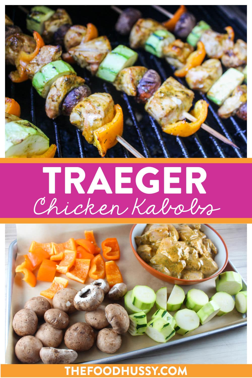 Grilled Chicken Kabobs on the Traeger are now my favorite dinner! Marinate them the night before and you'll have dinner on the table in 15 minutes. Juicy with just a little spiciness - and loaded with veggies! Served over rice, these kabobs are the perfect dinner! via @foodhussy