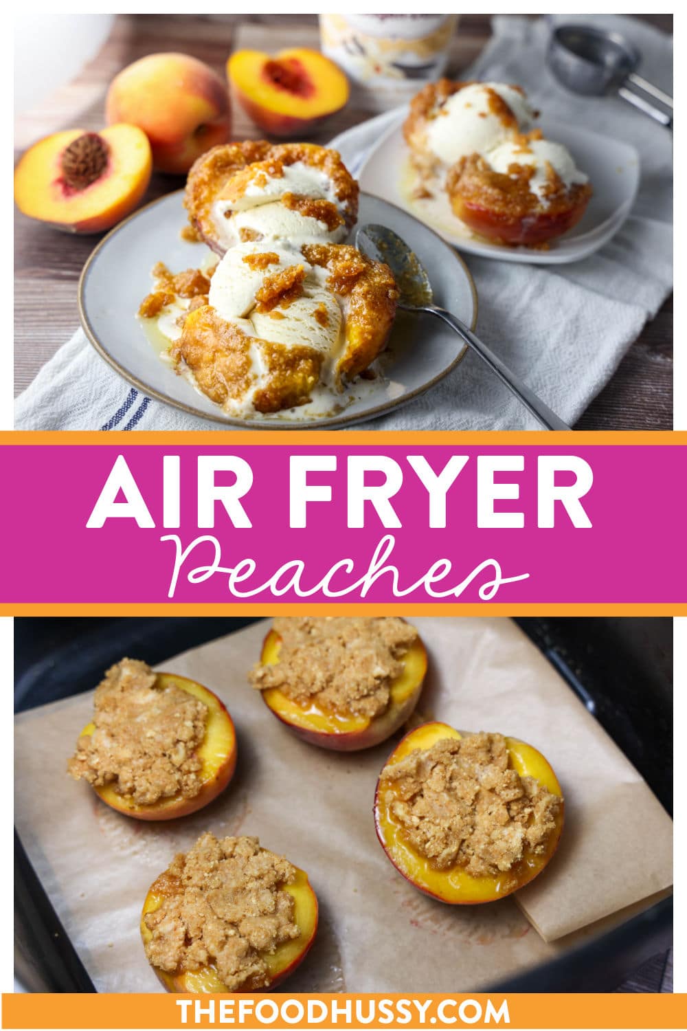 Air Fryer Peaches are a delicious summertime treat! These "grilled" peaches highlight the sweetness of peaches and add a buttery crumble topping. They're ready in minutes and just as delicious (even if your peaches aren't quite ripe!)  via @foodhussy