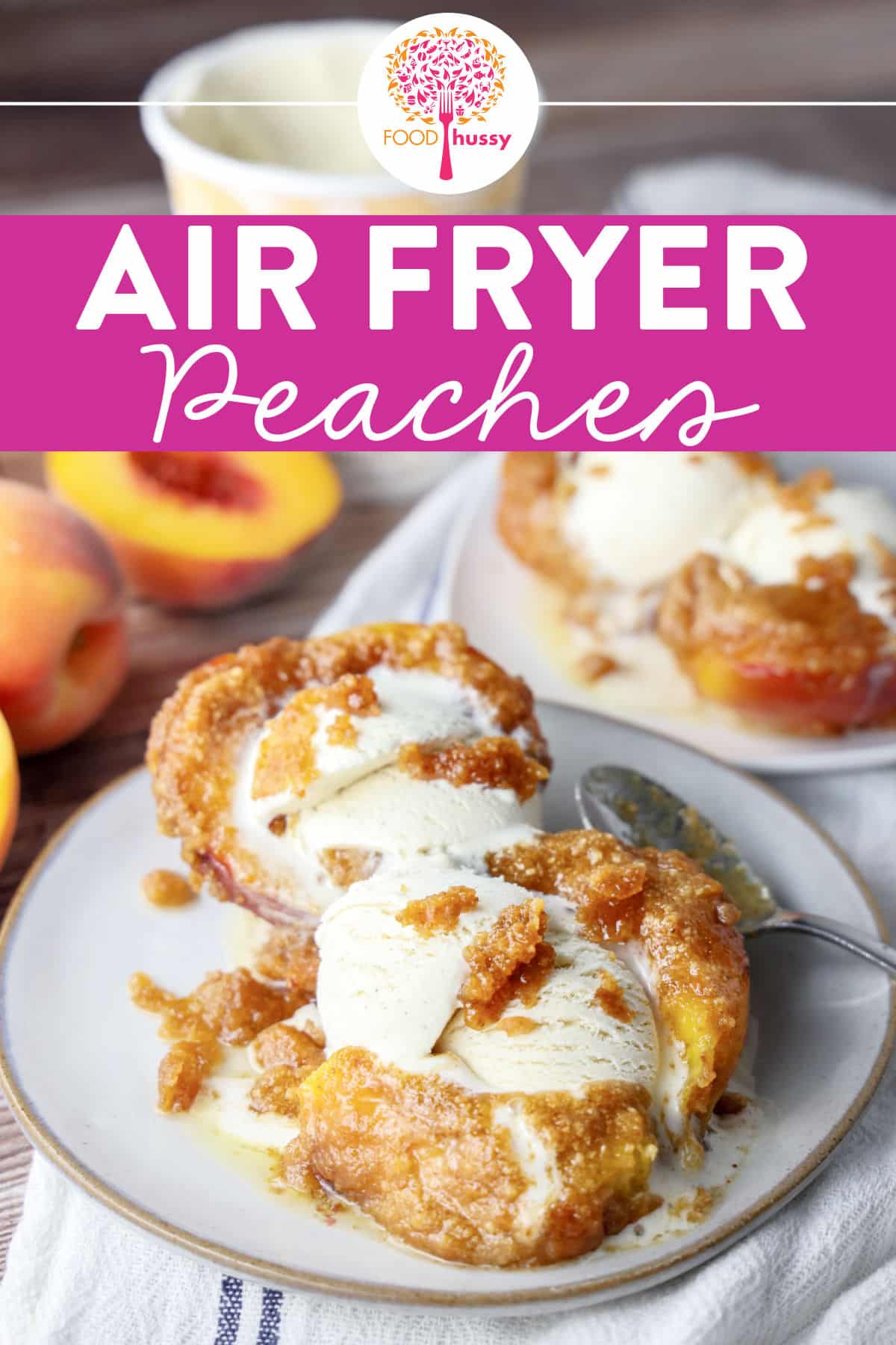 Air Fryer Peaches are a delicious summertime treat! These "grilled" peaches highlight the sweetness of peaches and add a buttery crumble topping. They're ready in minutes and just as delicious (even if your peaches aren't quite ripe!)  via @foodhussy