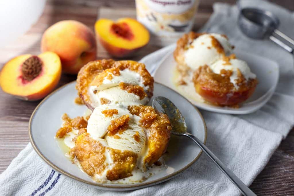 Air Fryer Peaches are a delicious summertime treat! These "grilled" peaches highlight the sweetness of peaches and add a buttery crumble topping. They're ready in minutes and just as delicious (even if your peaches aren't quite ripe!)