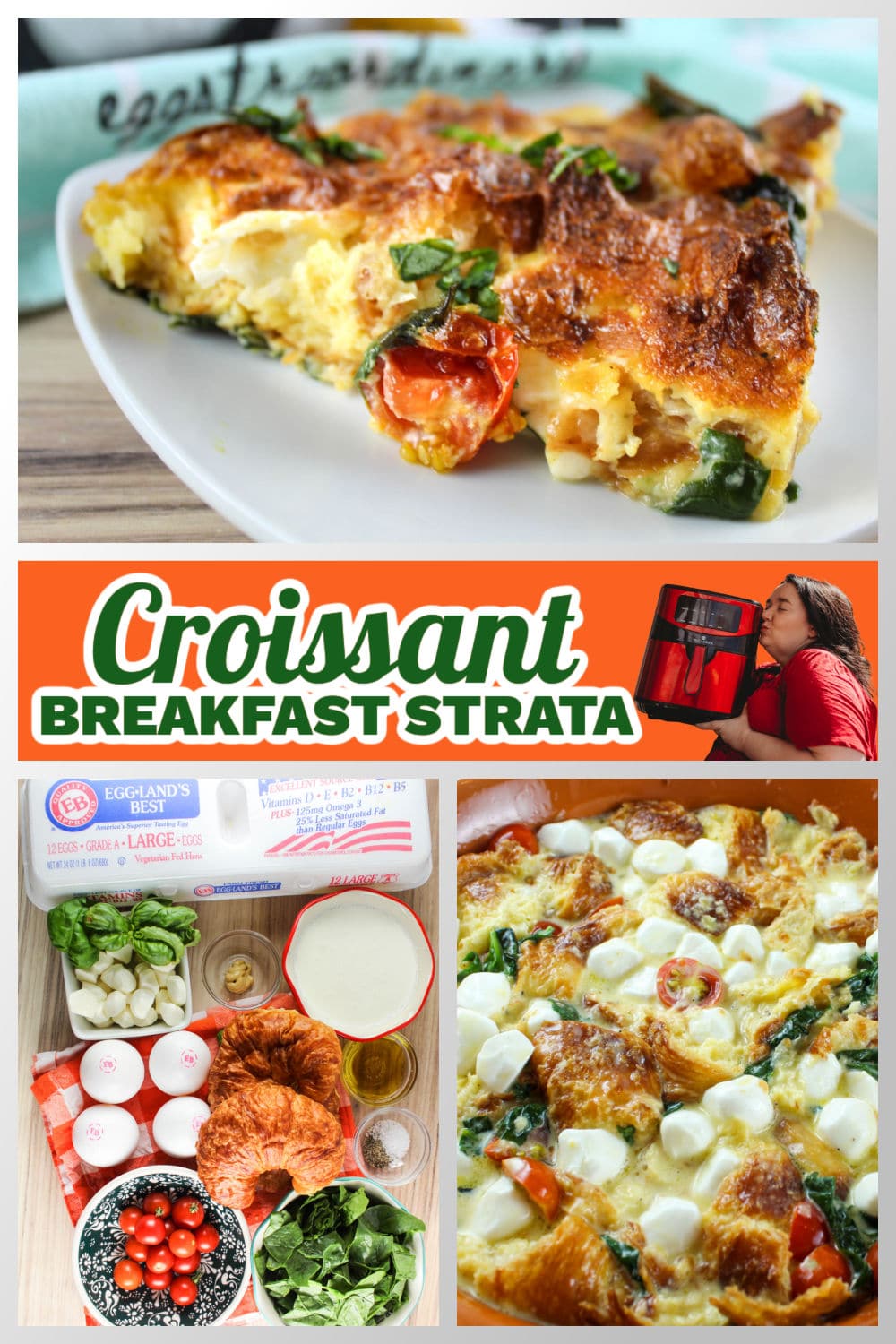 This Air Fryer Breakfast Strata is so delicious! I put a Caprese spin on it with fresh basil and home grown cherry tomatoes - all swimming in a yummy egg custard! It's a perfect back-to-school hearty breakfast for the whole family!  via @foodhussy