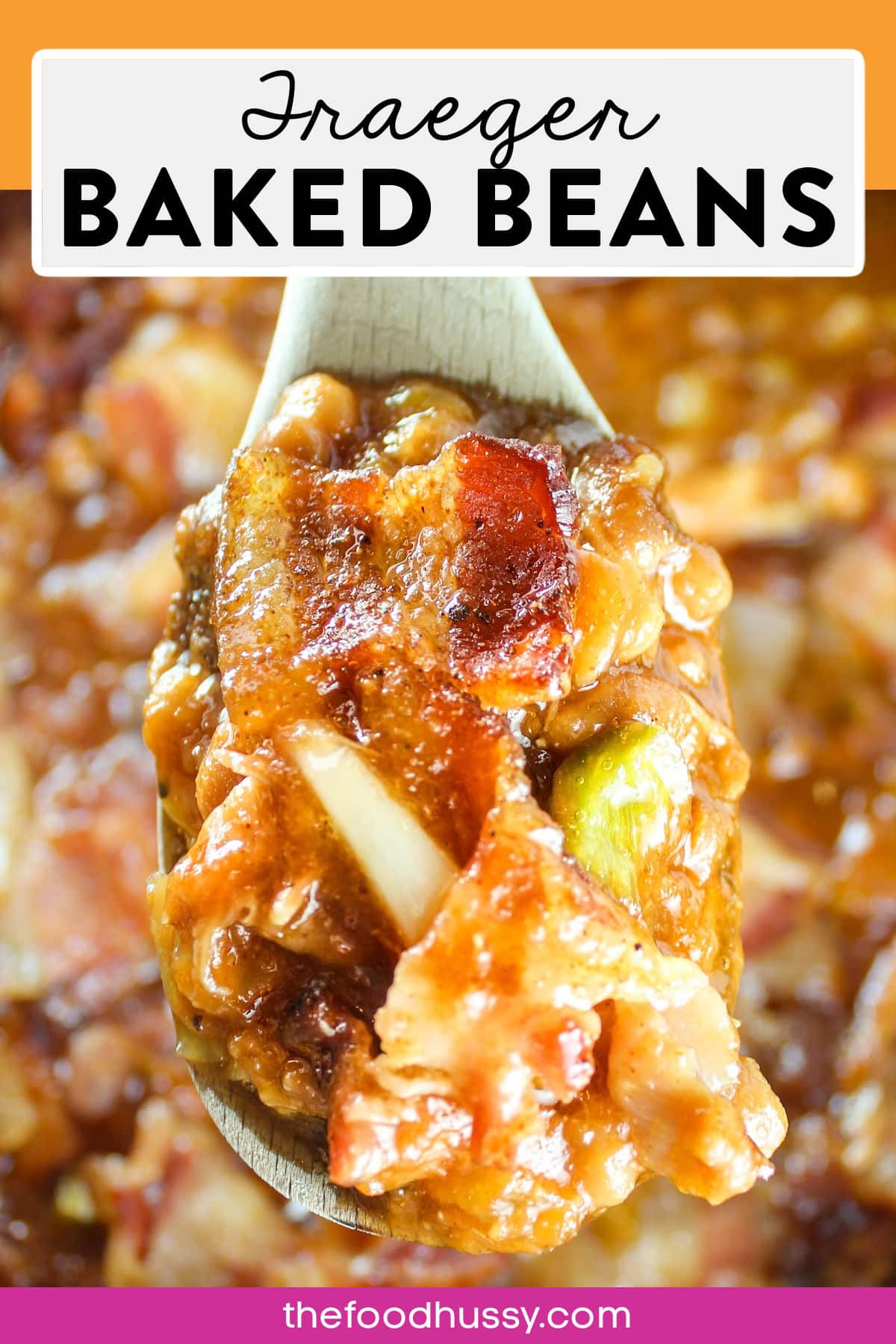 These Traeger Smoked Baked Beans are smoky with meaty bites of bacon and pulled pork, crunchy bites of onion and pepper plus Layers of flavor! They are BY FAR the best beans you'll ever have! Plus - they go together in five minutes.  via @foodhussy