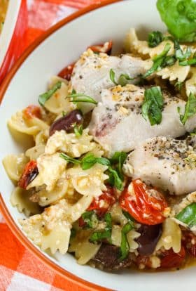 baked feta pasta with chicken in a bowl