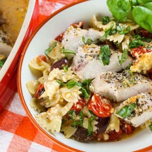 baked feta pasta with chicken in a bowl