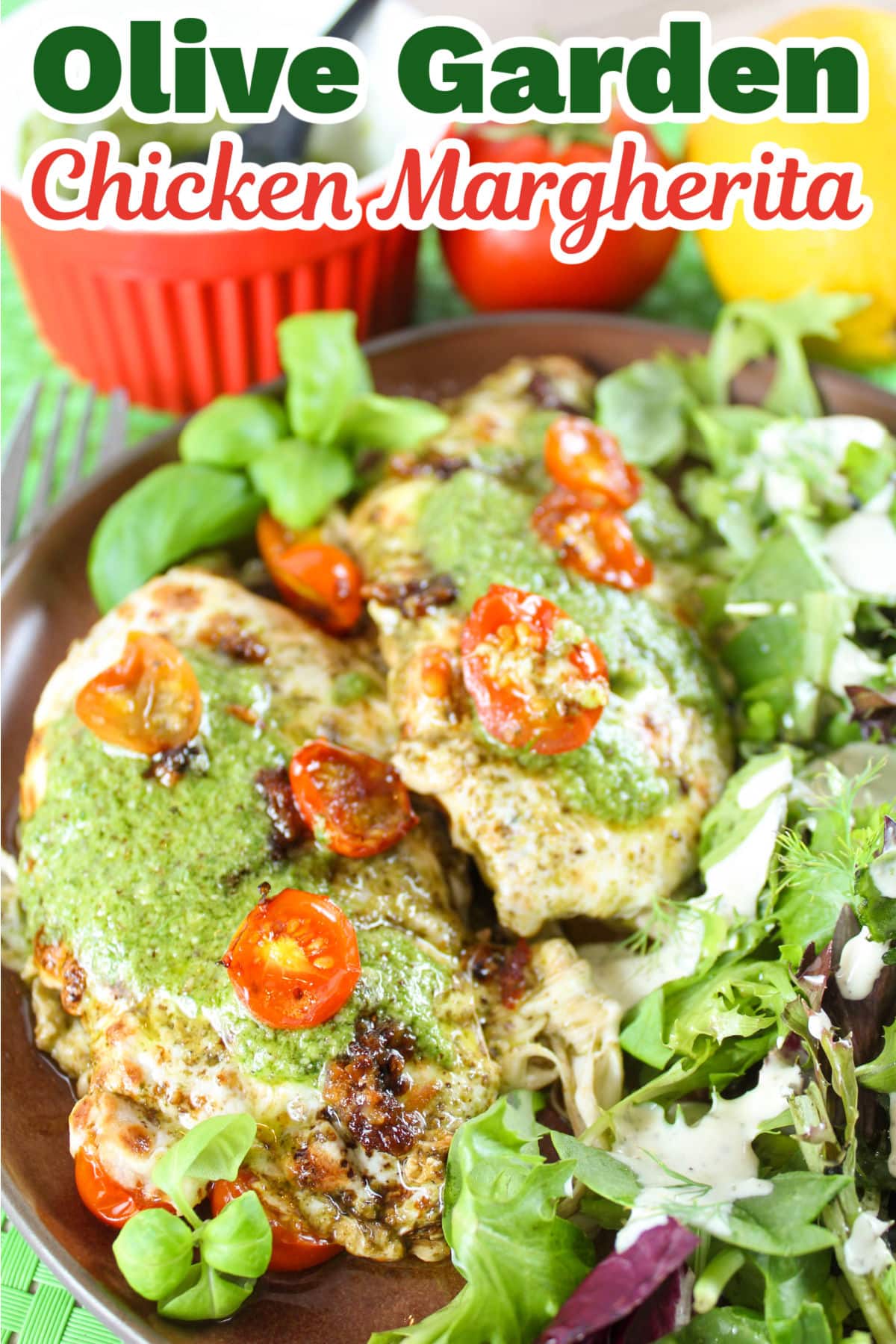 Olive Garden Chicken Margherita features juicy chicken breasts topped with fresh tomatoes, fresh mozzarella, basil pesto and a lemon garlic sauce. This is one of my favorite recipes and it's super simple to make!  via @foodhussy