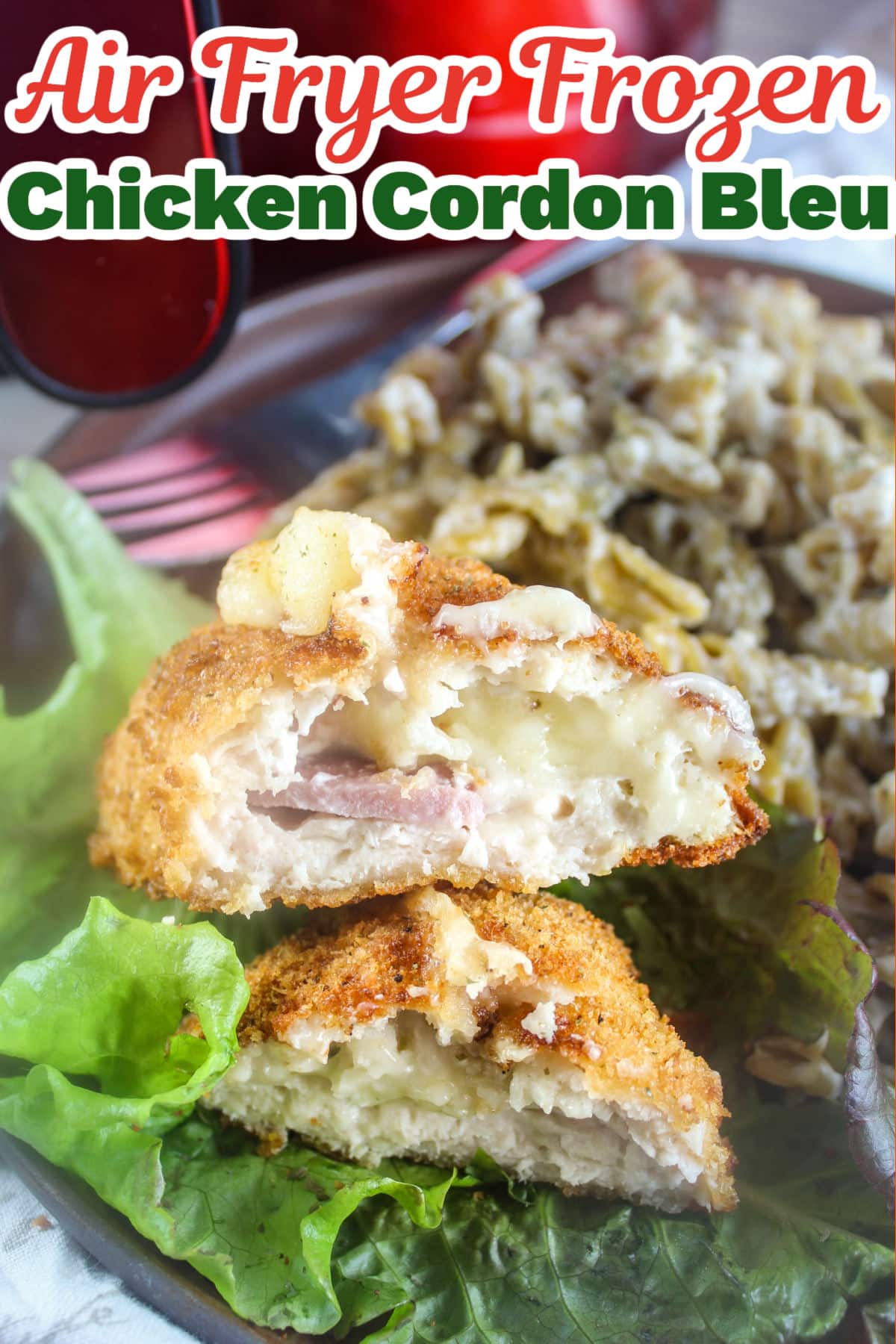 Frozen Chicken Cordon Bleu in the air fryer is a super simple, 20 minute dinner! Grab it out of the freezer and pop it in the air fryer! This is a great way to enjoy that cheesy stuffed chicken goodness in no time! via @foodhussy