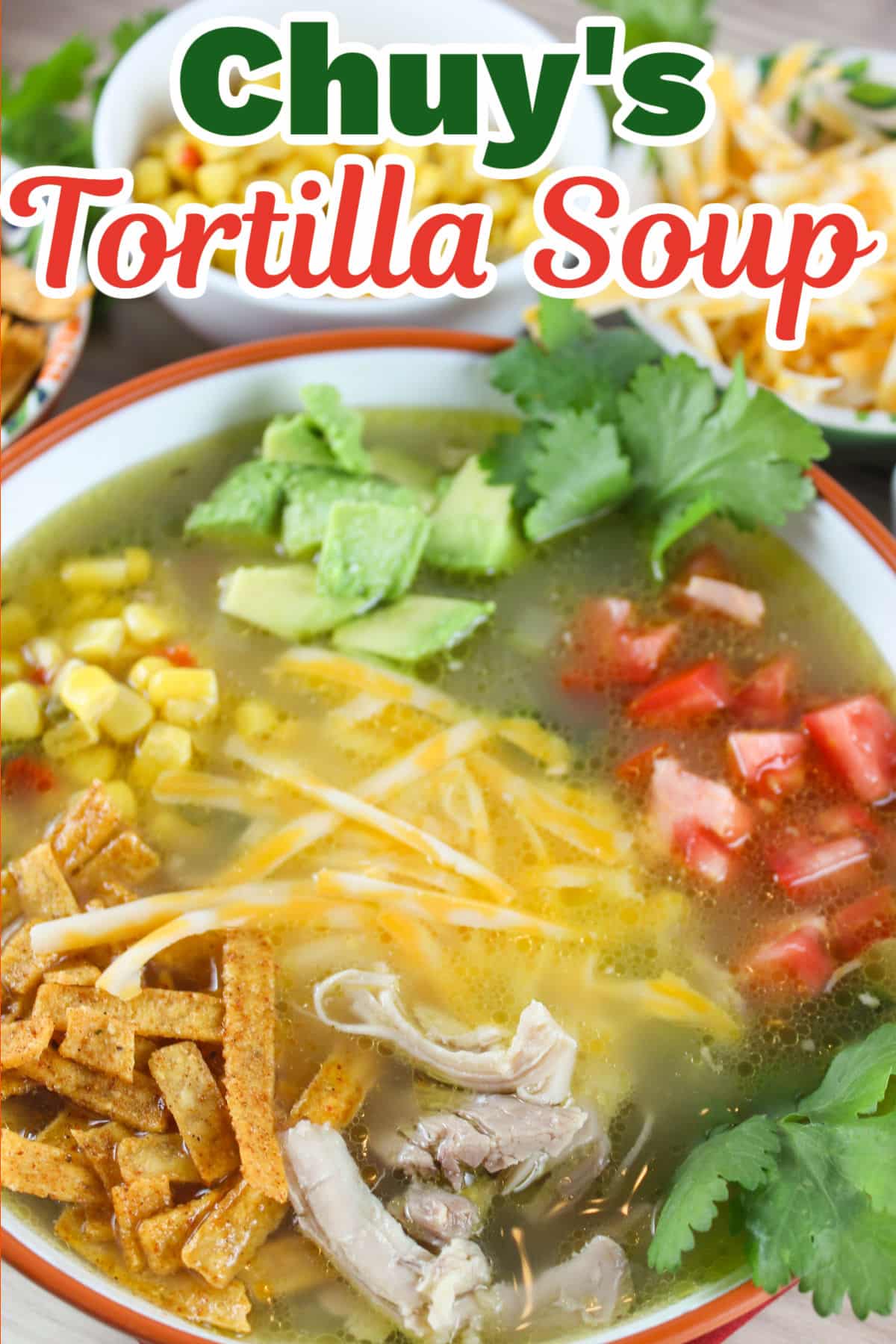 Chuy's Tortilla Soup is unique because you make the homemade chicken broth from scratch! It's so much more delicious and really simple! This perfect cold day soup is  loaded with veggies, chicken and fresh herbs then topped with tortilla strips and avocado chunks.  via @foodhussy